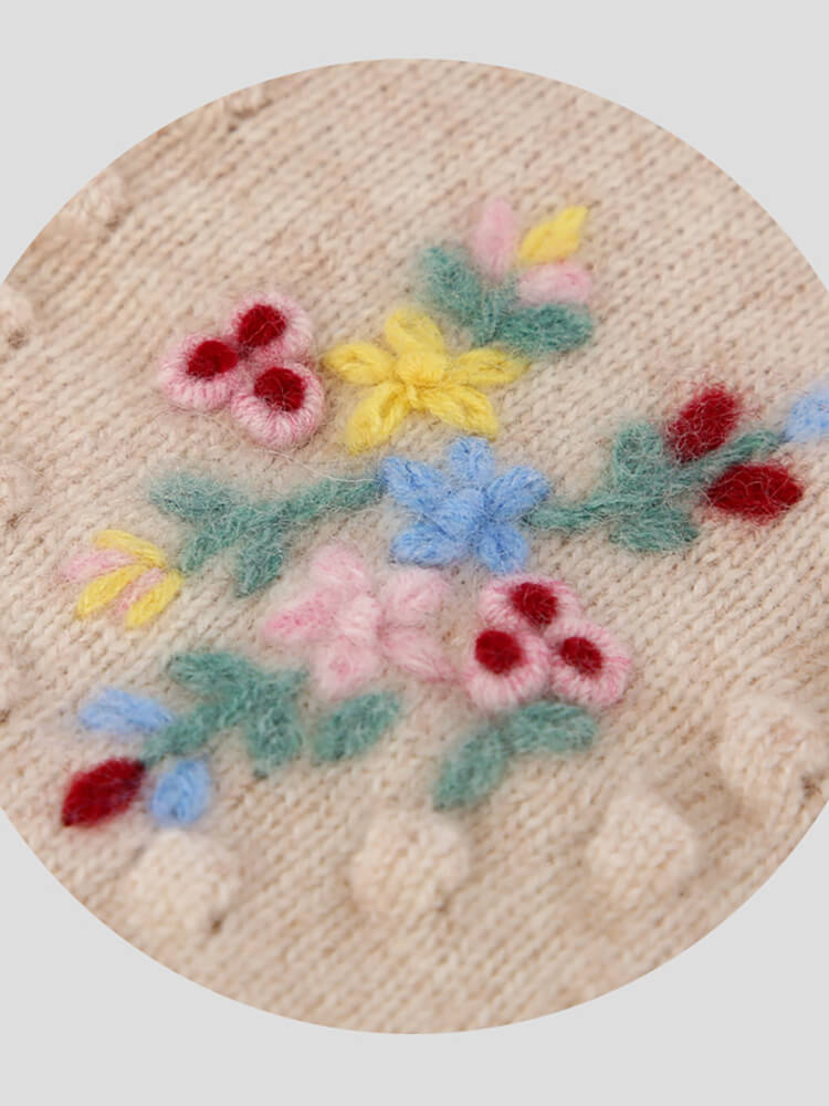 Girls Embroidered Floral Beige Cashmere Button-Front Cardigan